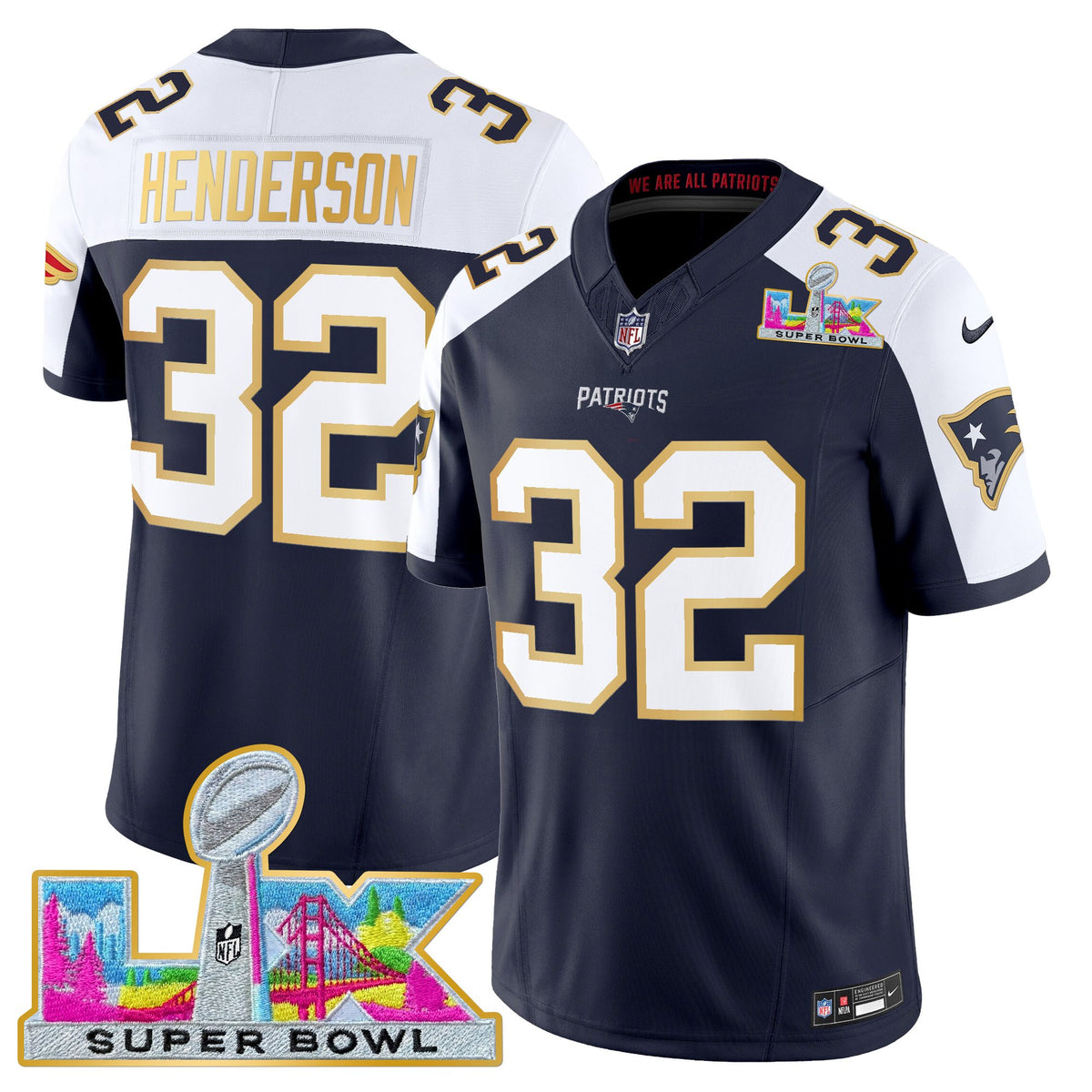Men's New England Patriots Super Bowl LX Gold Trim Vapor Limited Jersey - All Stitched - Navy Alternate - TreVeyon Henderson — view 1