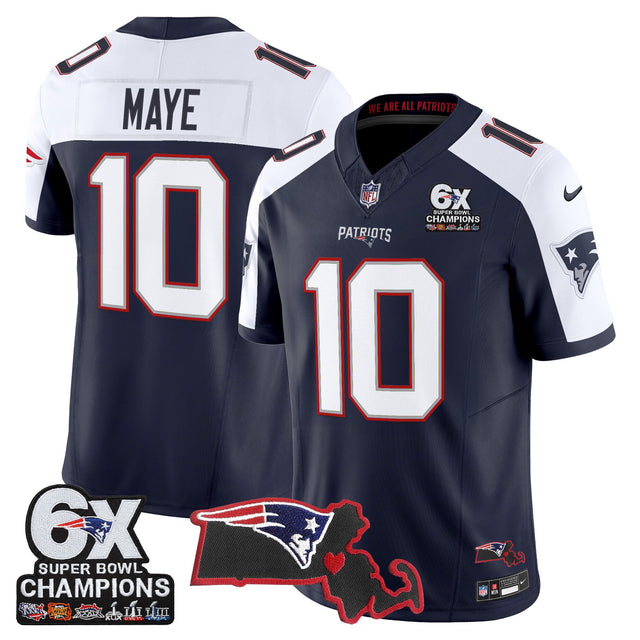 Men's New England Patriots 6-Time Champions & Massachusetts Patch Vapor Limited Jersey - All Stitched - Navy Alternate - Drake Maye — view 1