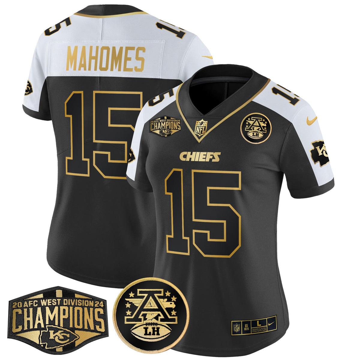 Women's Chiefs 2024 AFC West Division Champions Patch Gold Vapor Limited Jersey - All Stitched - Alternate - Patrick Mahomes — view 1