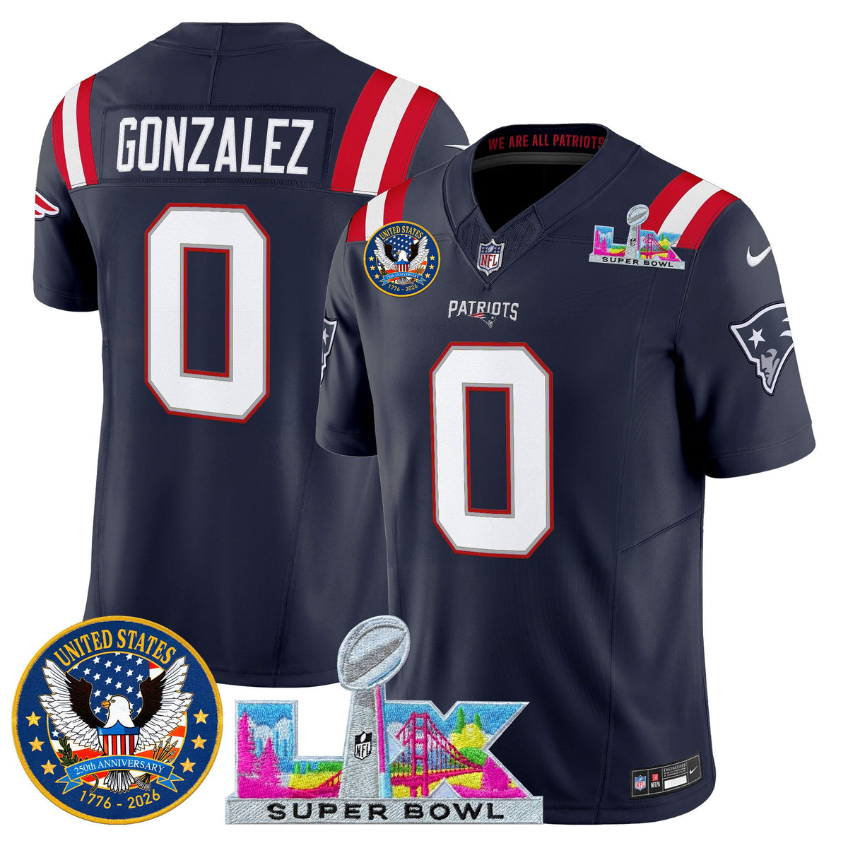 Men's New England Patriots Super Bowl LX & United States 250th Patch Vapor Limited Jersey - All Stitched - Navy - Christian Gonzalez — view 1