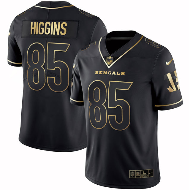 Men's Cincinnati Bengals White Gold & Black Gold Jersey - All Stitched - Black Gold - Tee Higgins — view 1
