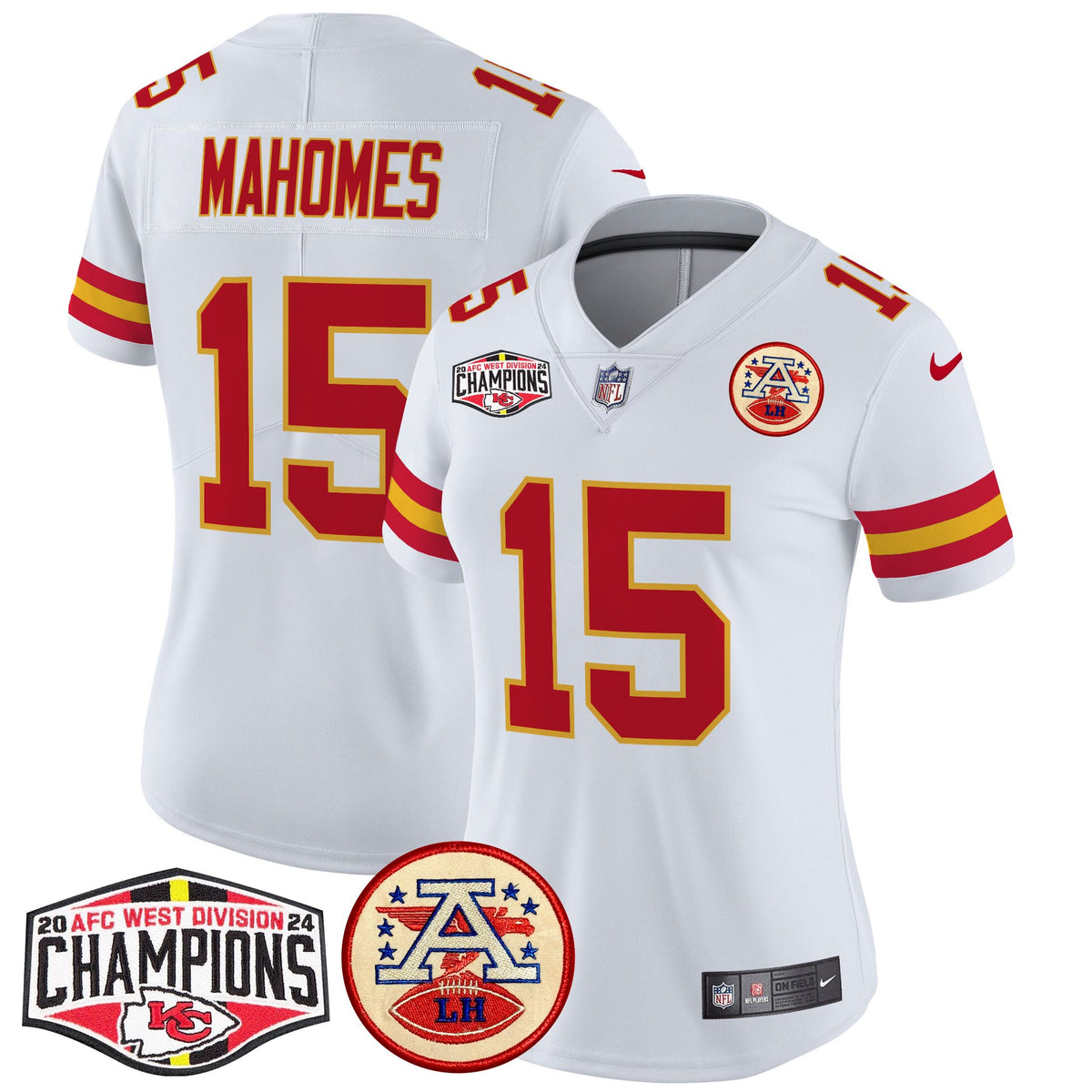 Women's Chiefs 2024 AFC West Division Champions Patch Vapor Limited Jersey - All Stitched - White - Patrick Mahomes — view 1