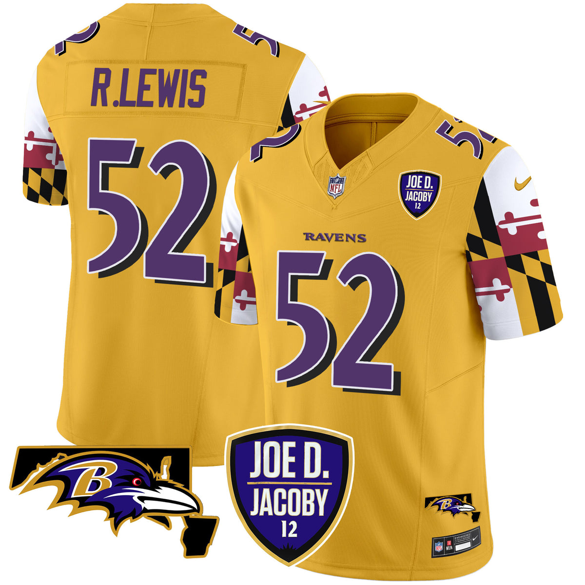 Men's Ravens Joe D & Jacoby Patch Vapor Limited Jersey V2 - All Stitched - Gold - Ray Lewis — view 1