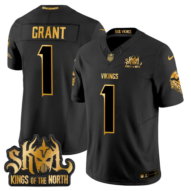 Men's Minnesota Vikings 2024 Winter Warrior Skol Patch Gold Vapor Limited Jersey - All Stitched - Black Gold - Bud Grant — view 1