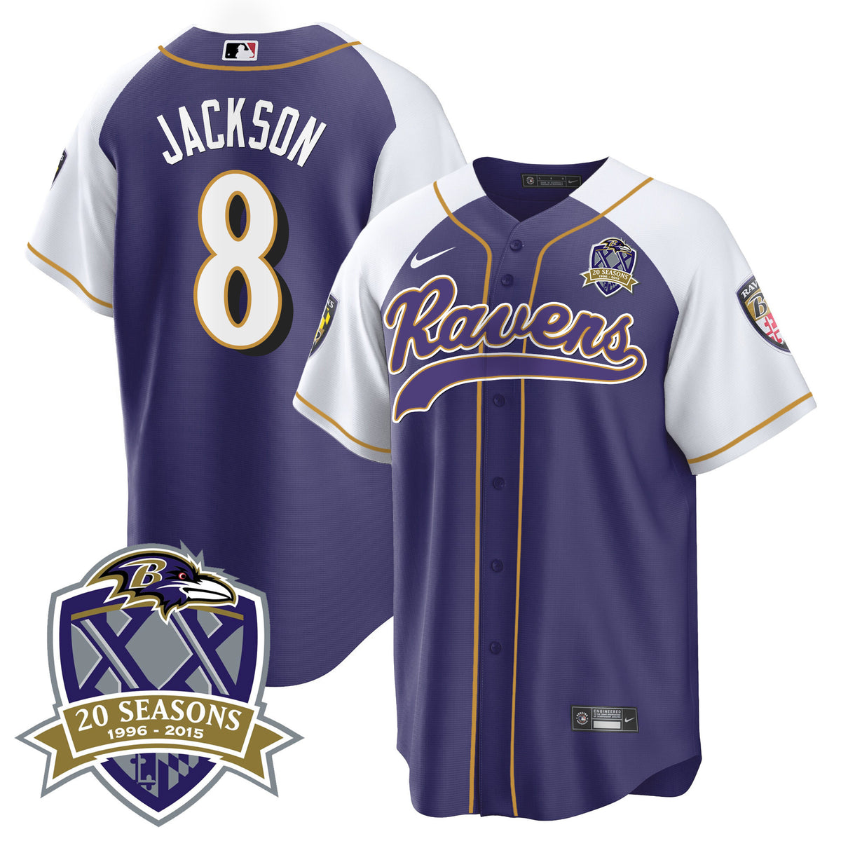 Men's Ravens 20th Season Patch Baseball Jersey - All Stitched - Purple Alternate - Lamar Jackson — view 1