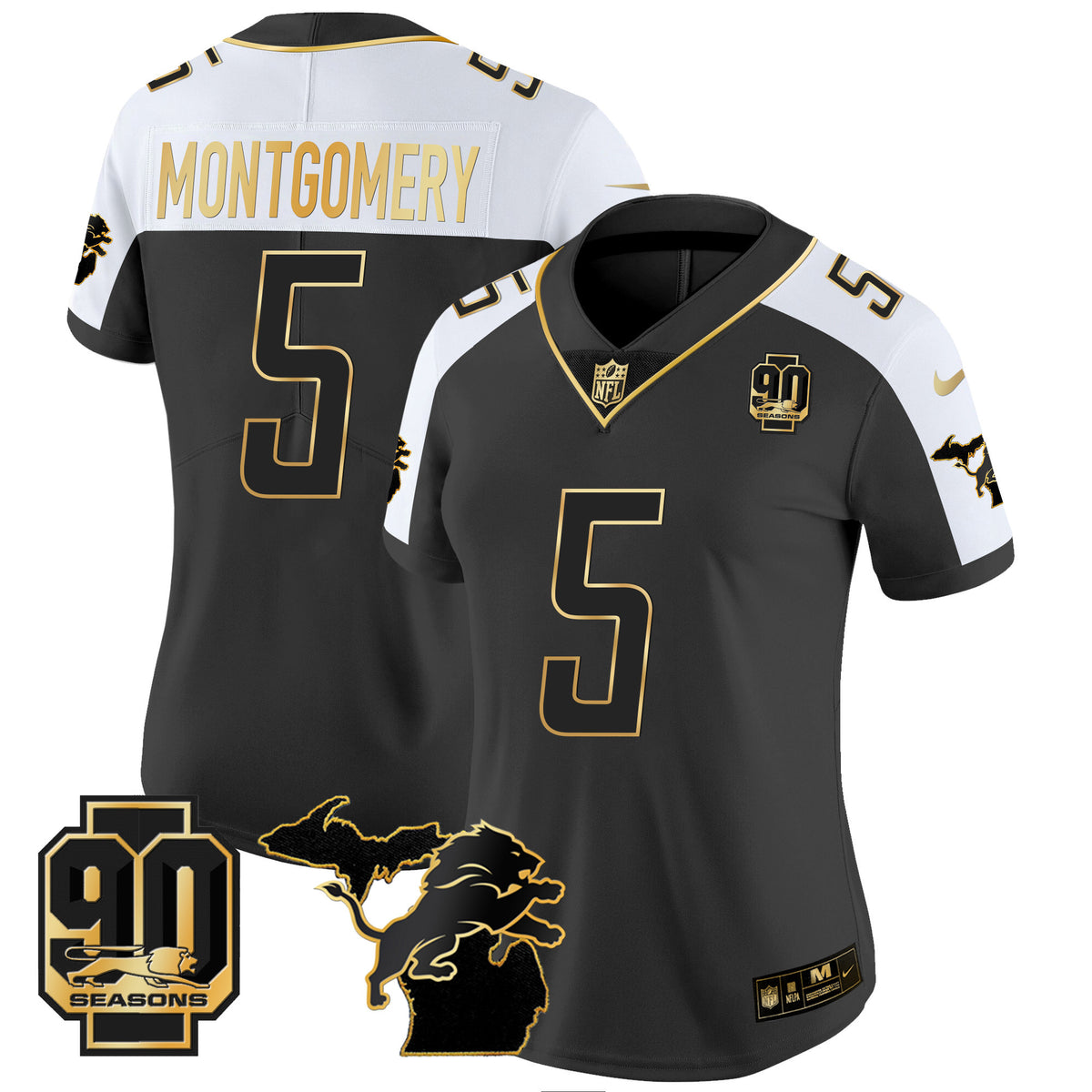 Women's Detroit Lions 90th Year & Michigan Patch Gold Vapor Jersey - All Stitched - Alternate - David Montgomery — view 1