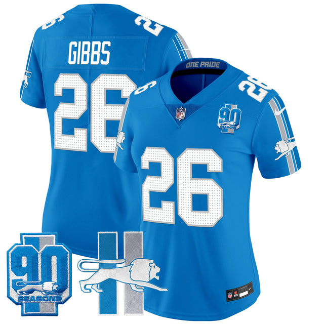Women's Detroit Lions Throwback 90th Year Patch Vapor Limited Jersey - All Stitched - Blue - Jahmyr Gibbs — view 1