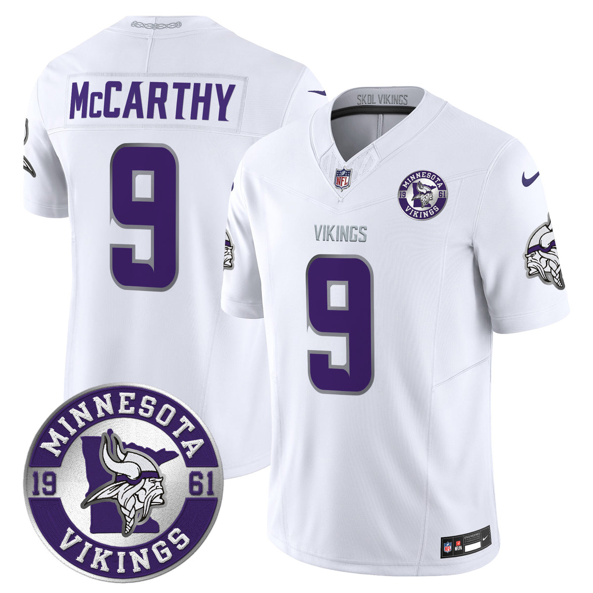 Men's Minnesota Vikings 2024 Vapor Limited Jersey - Est. 1961 Patch - All Stitched - White Limited - J.J. McCarthy — view 1
