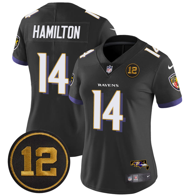 Women's Ravens Jacoby Jones Patch Vapor Limited Jersey - All Stitched - Black - Kyle Hamilton — view 1