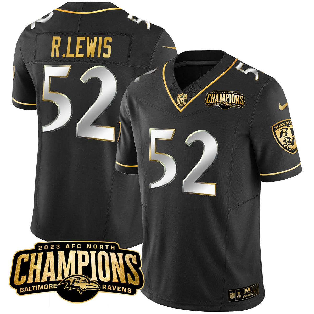 Men's Ravens 2023 AFC North Champions Patch Gold Vapor Jersey - All Stitched - Black Limited - Ray Lewis — view 1
