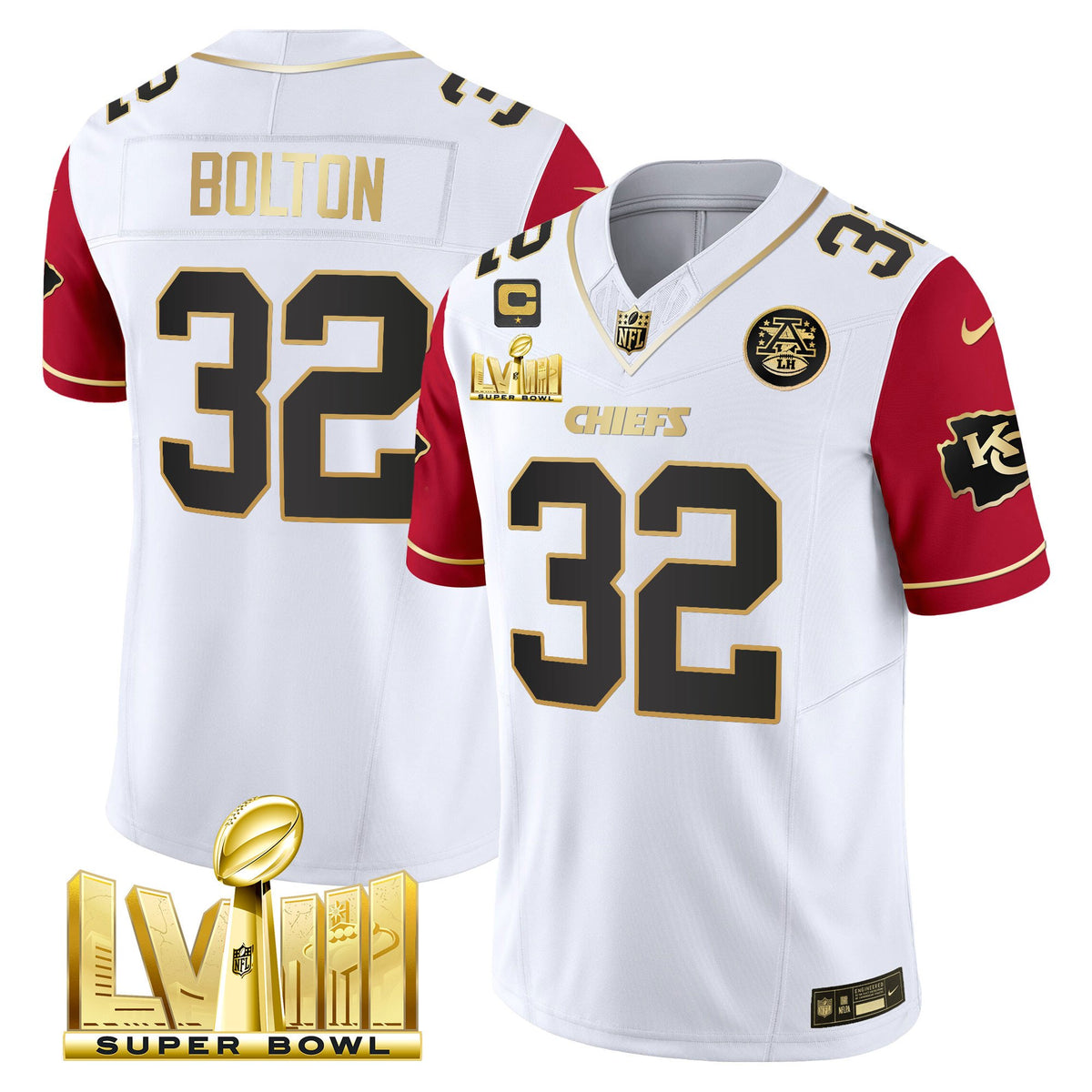 Men's Chiefs Super Bowl LVIII Gold Patch Vapor Jersey V4 - All Stitched - Color Sleeves - Nick Bolton — view 1
