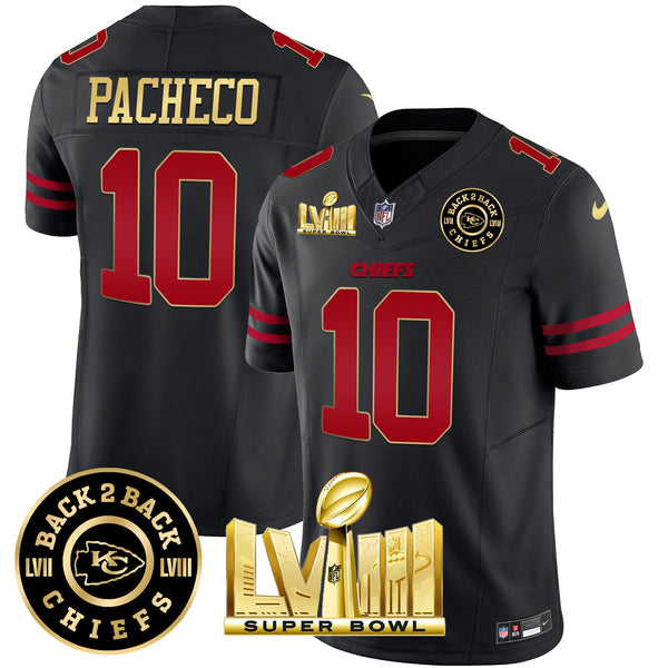 Men's Chiefs Super Bowl LVIII & Back 2 Back Patch Vapor Jersey V3 - All Stitched - Gold Trim - Isiah Pacheco — view 1
