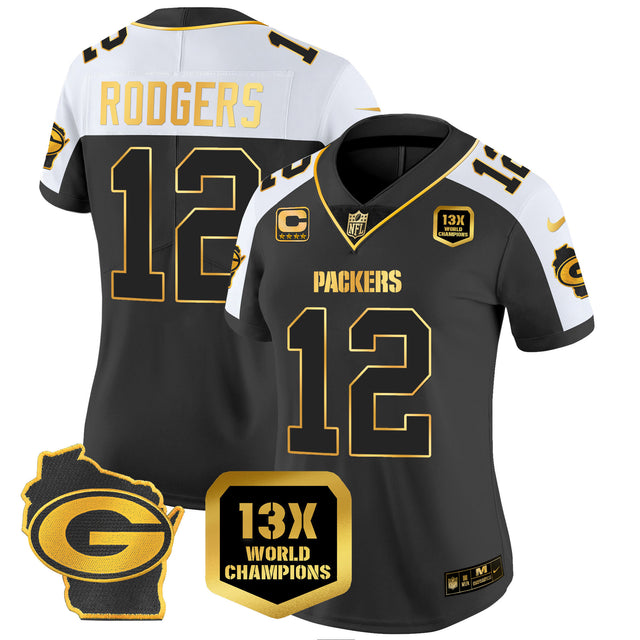 Women's Packers 13 Time World Champions & Home Patch Gold Vapor Jersey – All Stitched - Alternate - Aaron Rodgers — view 1