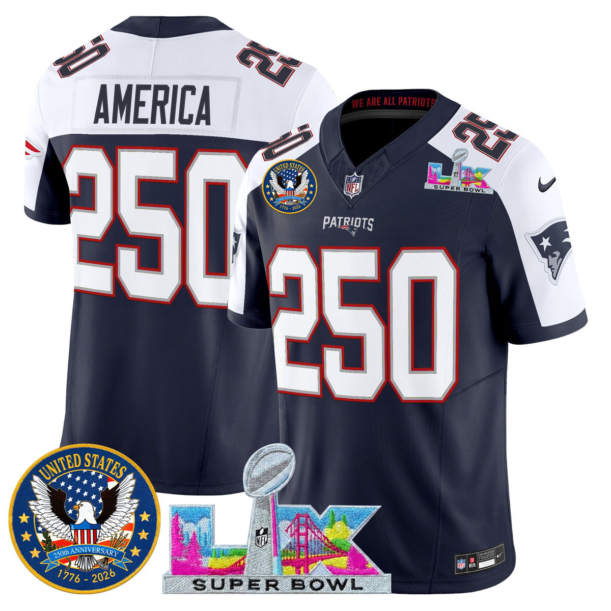 Men's New England Patriots Super Bowl LX & United States 250th Patch Vapor Limited Jersey - All Stitched - Navy Alternate - #250 America — view 1
