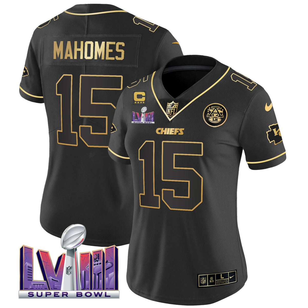 Women's Chiefs Super Bowl LVIII Patch Vapor Jersey V4 - All Stitched - Black Gold - Patrick Mahomes — view 1