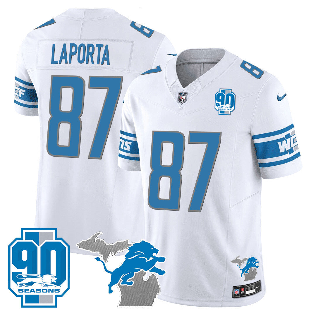 Men's Detroit Lions 90th Year & Michigan Patch Vapor Jersey - All Stitched - White - Sam Laporta — view 1