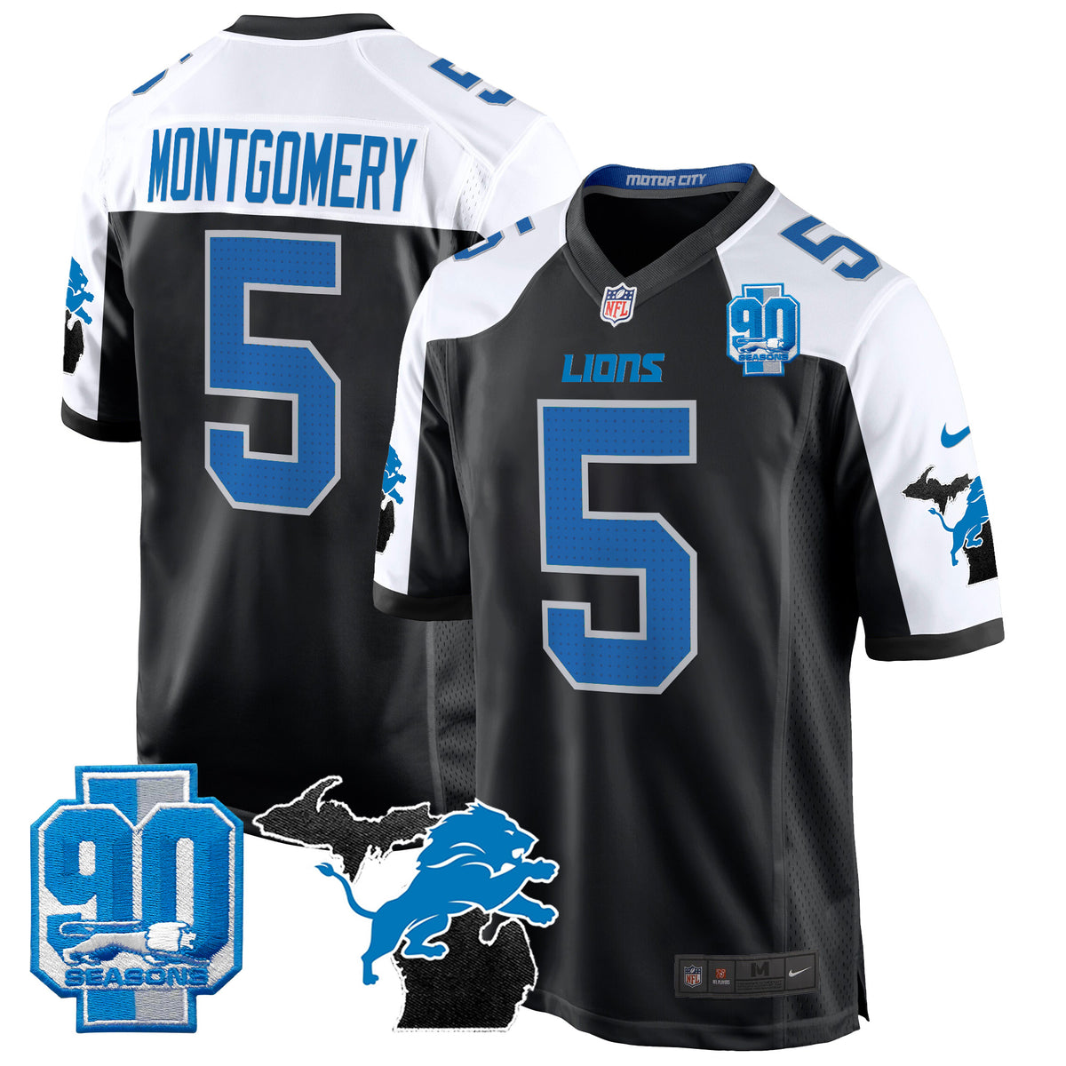 Men's Detroit Lions 2024 Michigan & 90th Year Patch Game Jersey - All Stitched - Alternate - David Montgomery — view 1