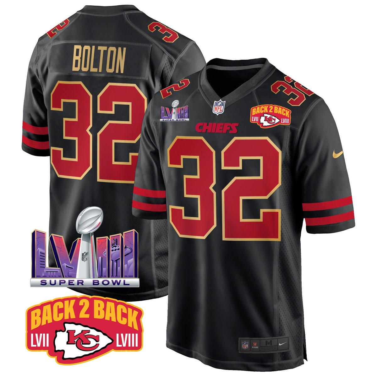 Men's Chiefs Super Bowl LVIII & Back 2 Back Patch Game Jersey - All Stitched - Gold Trim - Nick Bolton — view 1