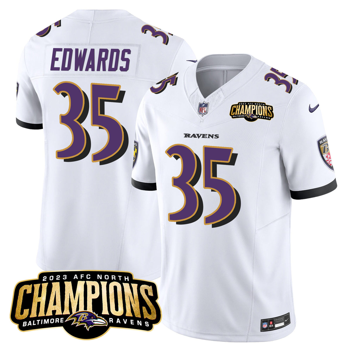 Men's Ravens 2023 AFC North Champions Patch Vapor Limited Jersey - All Stitched - White - Gus Edwards — view 1