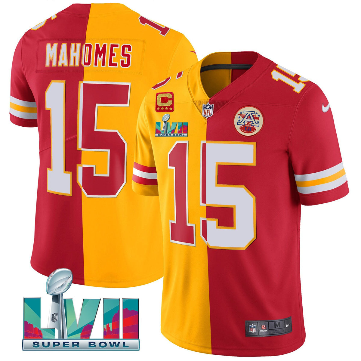 Men's Chiefs Super Bowl LVII Vapor Player Jersey - All Stitched - Split Red-Gold - Patrick Mahomes — view 1