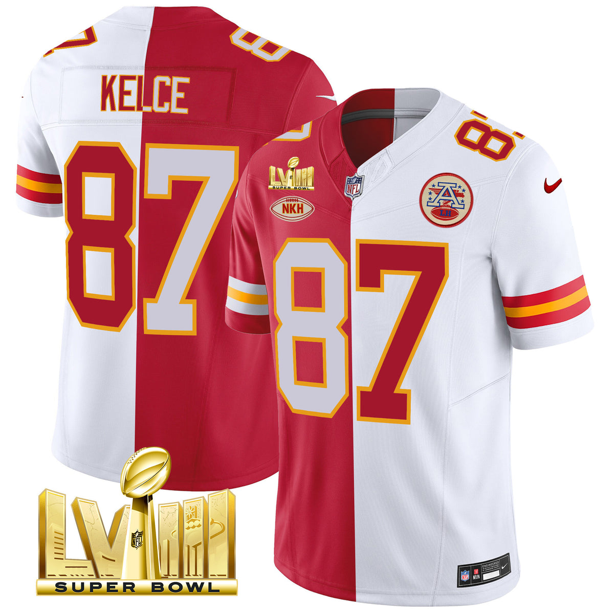 Men's Chiefs Super Bowl LVIII Gold Patch Vapor Jersey V3 - All Stitched - Split - Travis Kelce — view 1