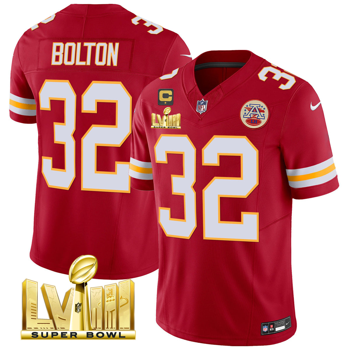 Men's Chiefs Super Bowl LVIII Gold Patch Vapor Jersey - All Stitched - Red - Nick Bolton — view 1