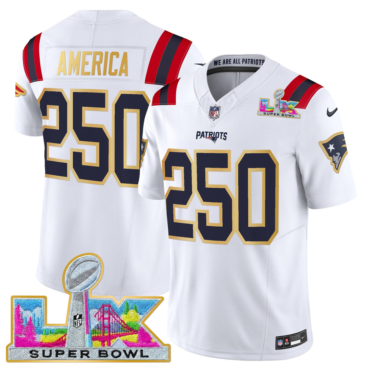 Men's New England Patriots Super Bowl LX Gold Trim Vapor Limited Jersey - All Stitched - White - #250 America — view 1