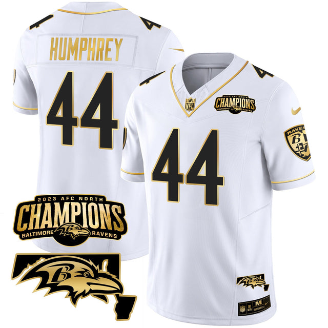 Men's Ravens 2023 AFC North Champions & Maryland Patch Gold Vapor Jersey - All Stitched - White Gold - Marlon Humphrey — view 1