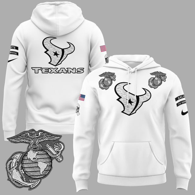 Houston Texans Marine Corps Patch White Pullover Hoodie - All Stitched - White — view 1