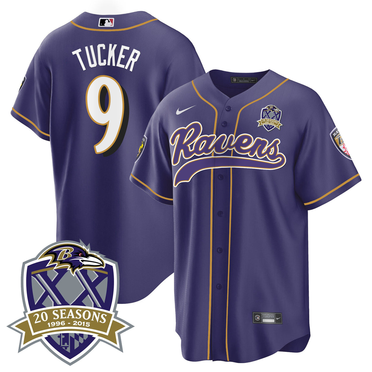 Men's Ravens 20th Season Patch Baseball Jersey - All Stitched - Purple - Justin Tucker — view 1
