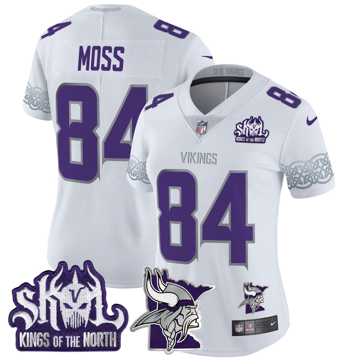 Women's Minnesota Vikings 2024 Winter Warrior Skol Patch Vapor Limited Jersey V2 - All Stitched - White - Randy Moss — view 1