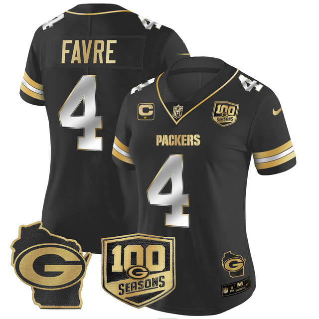 Women's Packers 100th Season & Home Patch Gold Vapor Limited Jersey – All Stitched - Black Limited - Brett Favre — view 1