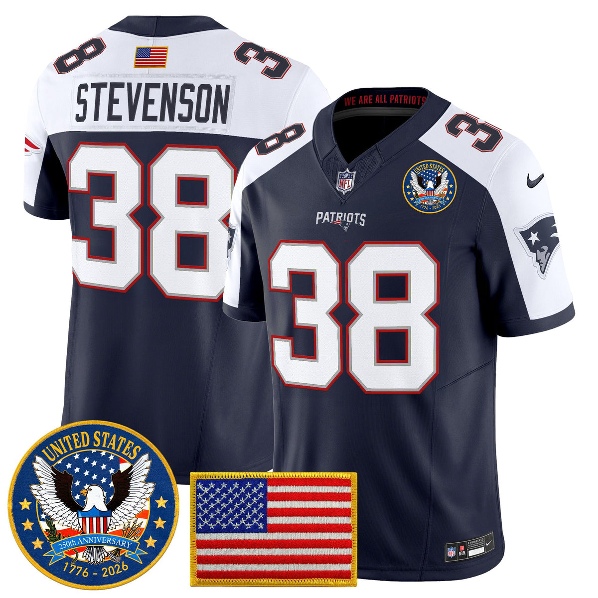 Men's New England Patriots United States 250th Anniversary Patch Vapor Limited Jersey - All Stitched - Navy Alternate - Rhamondre Stevenson — view 1