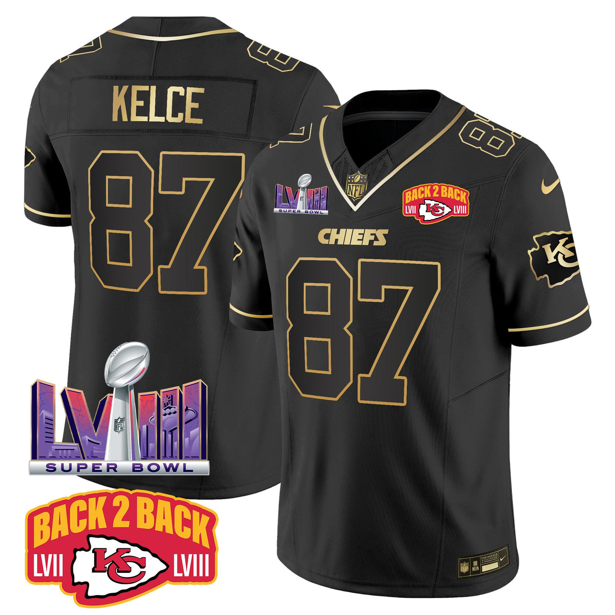 Men's Chiefs Super Bowl LVIII & Back 2 Back Patch Vapor Jersey V2 - All Stitched - Black Gold - Travis Kelce — view 1