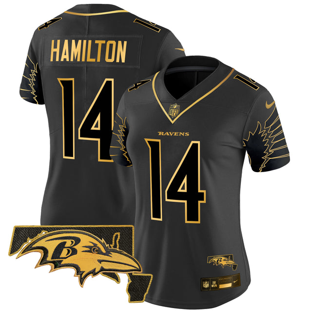 Women's Ravens Maryland Patch Gold Vapor Limited Jersey V2 - All Stitched - Black Gold - Kyle Hamilton — view 1