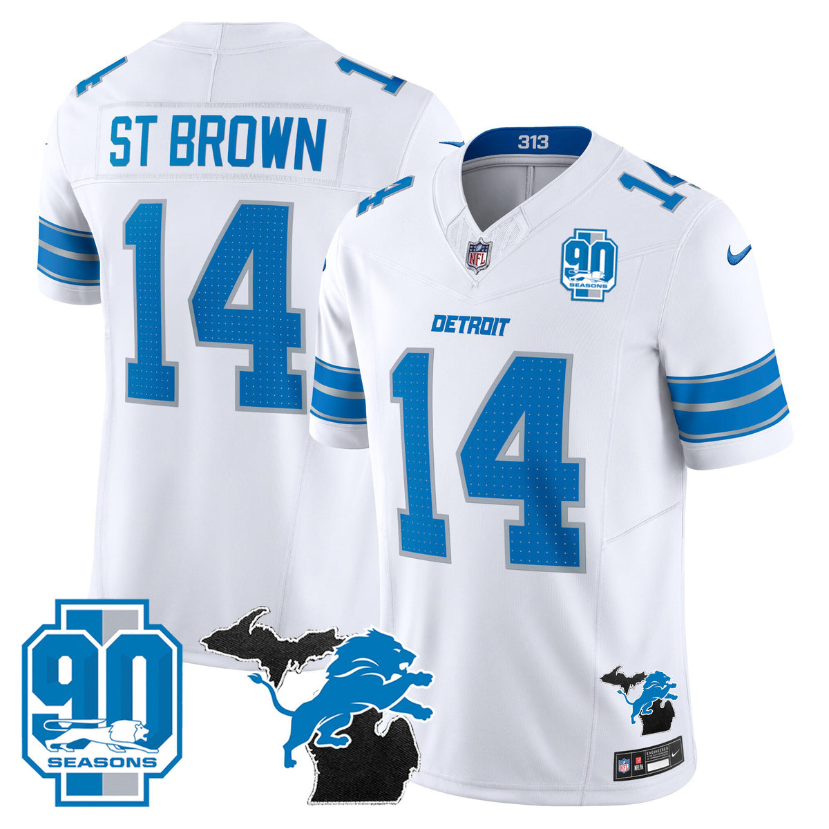 Men's Detroit Lions 2025 Michigan & 90th Year Patch Vapor Jersey - All Stitched - White - St. Brown — view 1