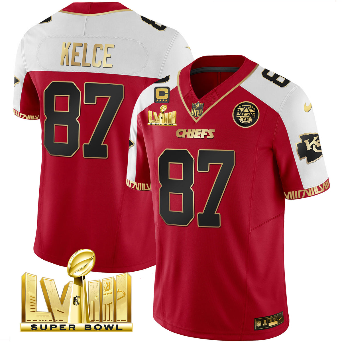 Men's Chiefs Super Bowl LVIII Pattern Gold Vapor Jersey V2 - All Stitched - Red Alternate - Travis Kelce — view 1