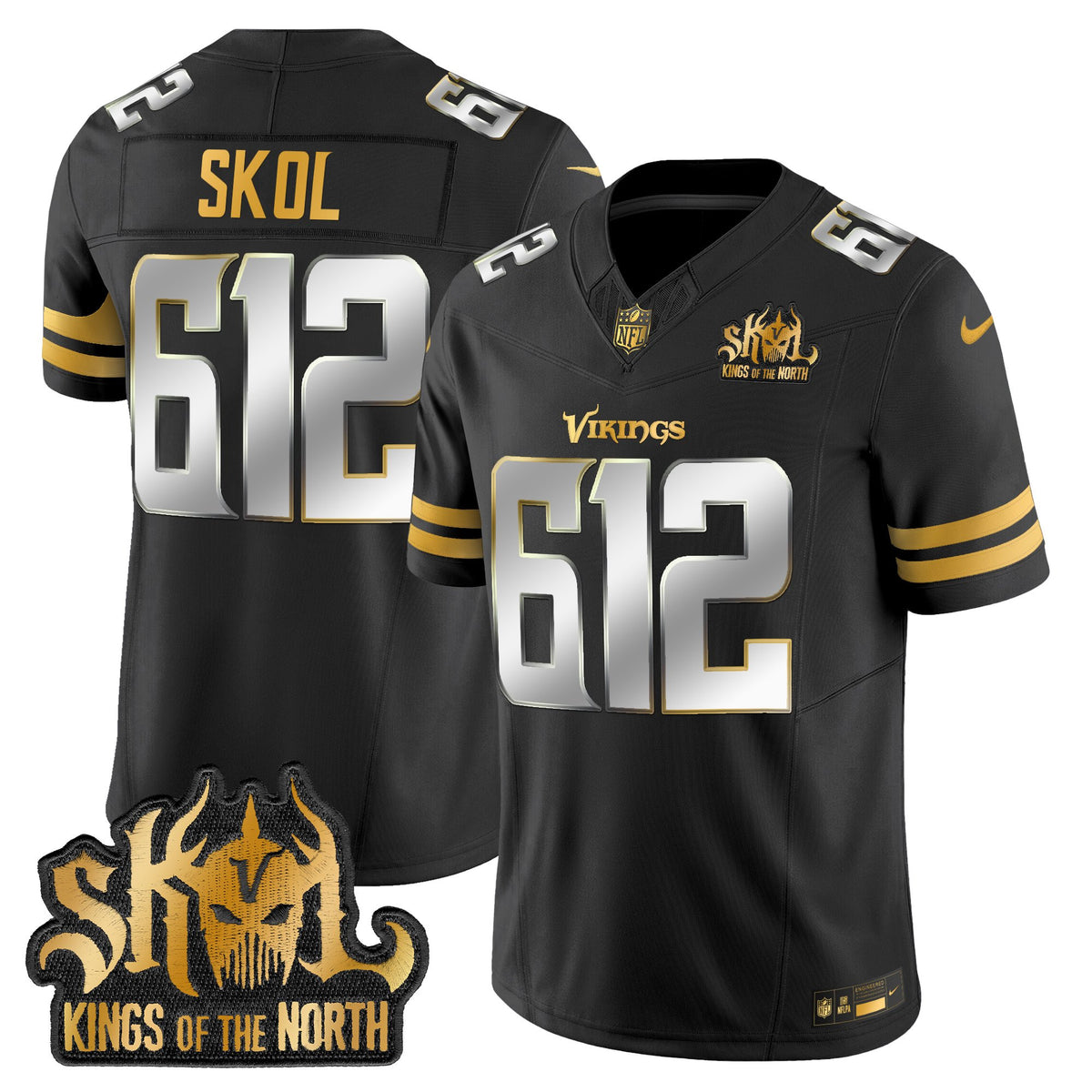 Men's Minnesota Vikings 2025 Gold Vapor Limited Jersey - Kings Of The North Patch - All Stitched - Black Limited - Skol 612 — view 1
