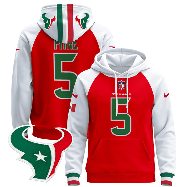Men's Houston Texans Mexico 2024 Pullover Hoodie - All Stitched - Red Alternate - Jalen Pitre — view 1