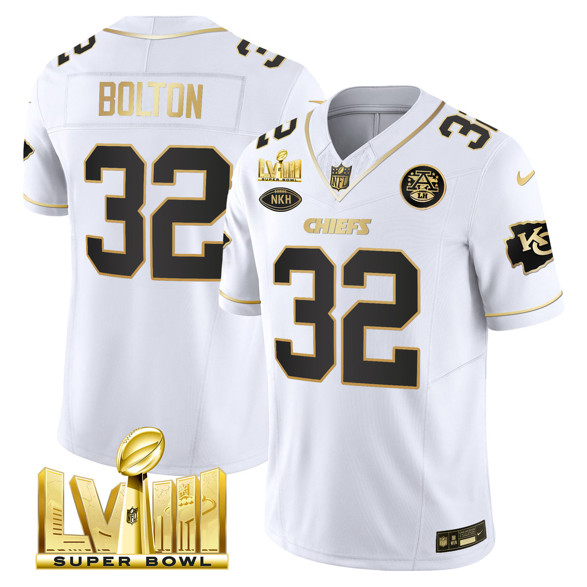 Men's Chiefs Super Bowl LVIII Gold Patch Vapor Jersey V3 - All Stitched - White Gold - Nick Bolton — view 1