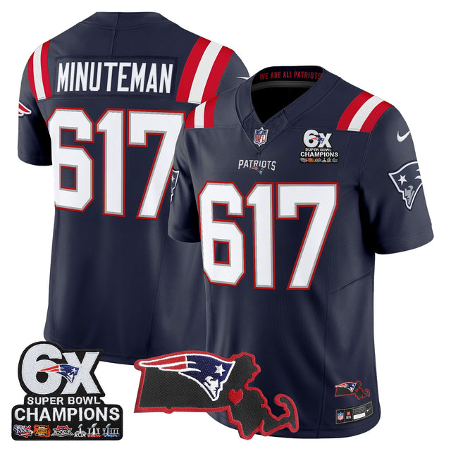 Men's New England Patriots 6-Time Champions & Massachusetts Patch Vapor Limited Jersey - All Stitched - Navy - Minuteman 617 — view 1