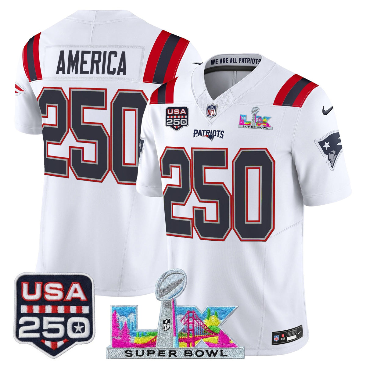 Men's New England Patriots Super Bowl LX & United States 250th Anniversary Patch Vapor Limited Jersey - All Stitched - White - #250 America — view 1