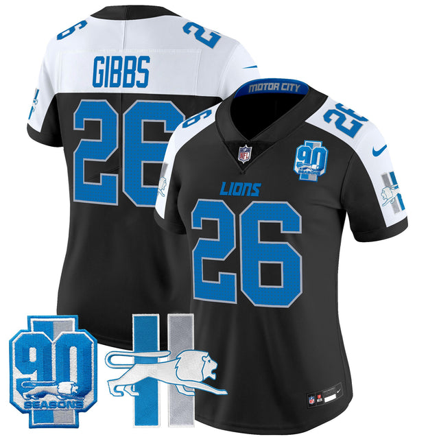 Women's Detroit Lions Throwback 90th Year Patch Vapor Limited Jersey - All Stitched - Black Alternate - Jahmyr Gibbs — view 1