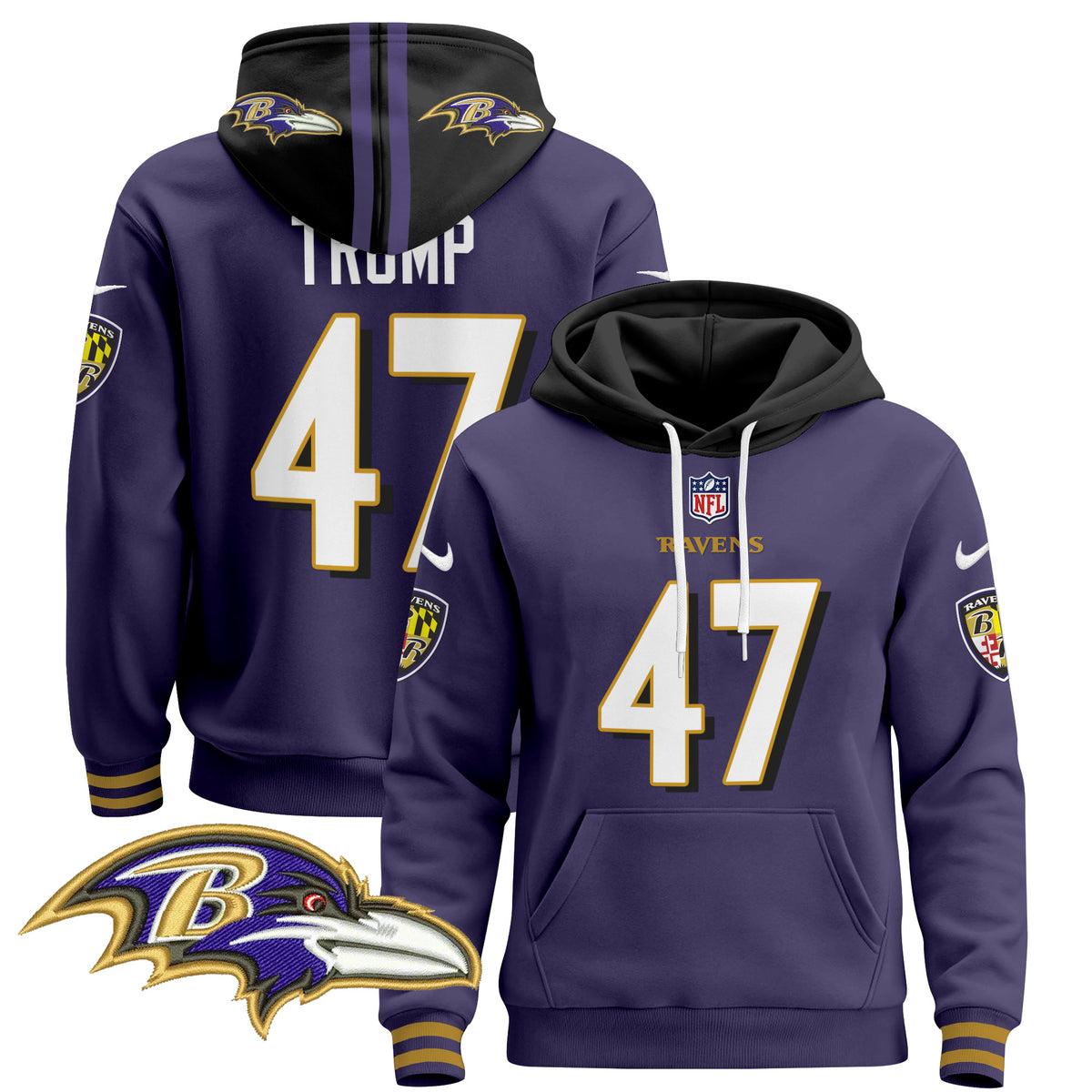 Men's Baltimore Ravens 2024 Pullover Hoodie V4 - All Stitched - Purple - Donald Trump — view 1