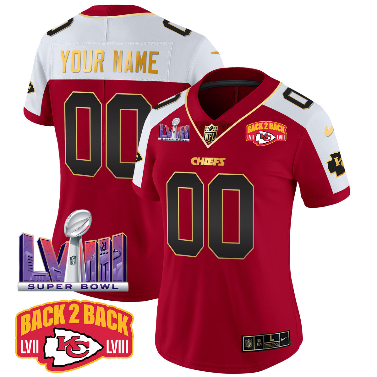 Chiefs Super Bowl LVIII & Back 2 Back Patch Vapor Custom Jersey - All Stitched - Red Alternate — view 1