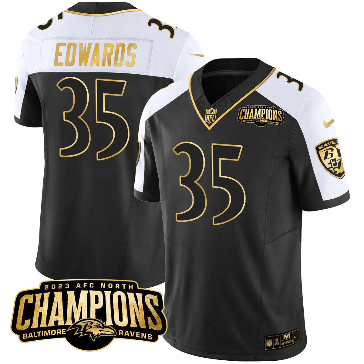 Men's Ravens 2023 AFC North Champions Patch Gold Vapor Jersey - All Stitched - Alternate - Gus Edwards — view 1