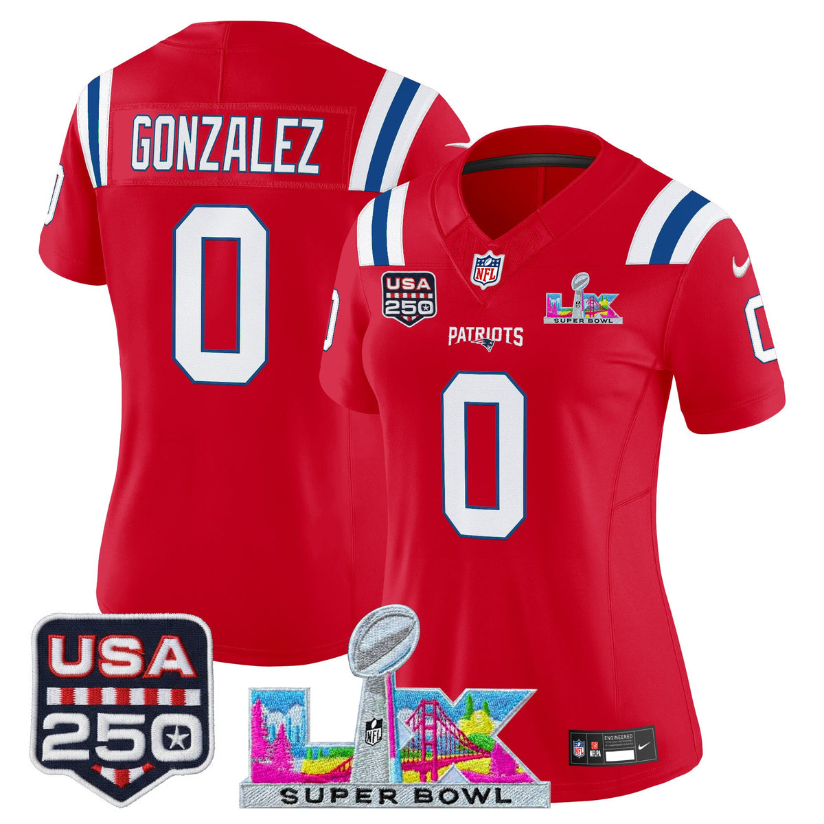 Women's New England Patriots Super Bowl LX & United States 250th Anniversary Patch Vapor Limited Jersey - ~63b3501f - Red - Christian Gonzalez — view 1