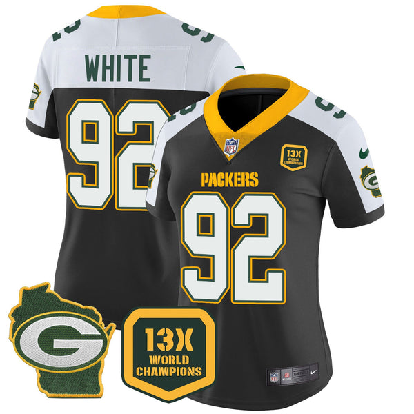 Women's Packers 13 Time World Champions & Home Patch Vapor Jersey – All Stitched - Black Alternate - Reggie White — view 1