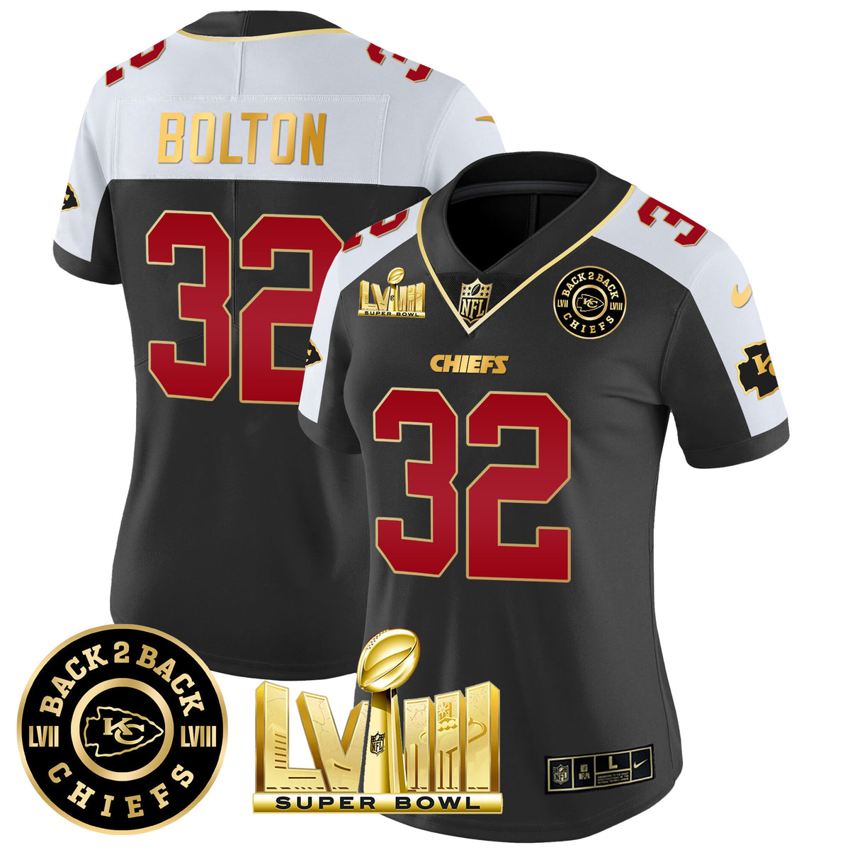 Women's Chiefs Super Bowl LVIII & Back 2 Back Patch Vapor Jersey V3 - All Stitched - Black Alternate - Nick Bolton — view 1
