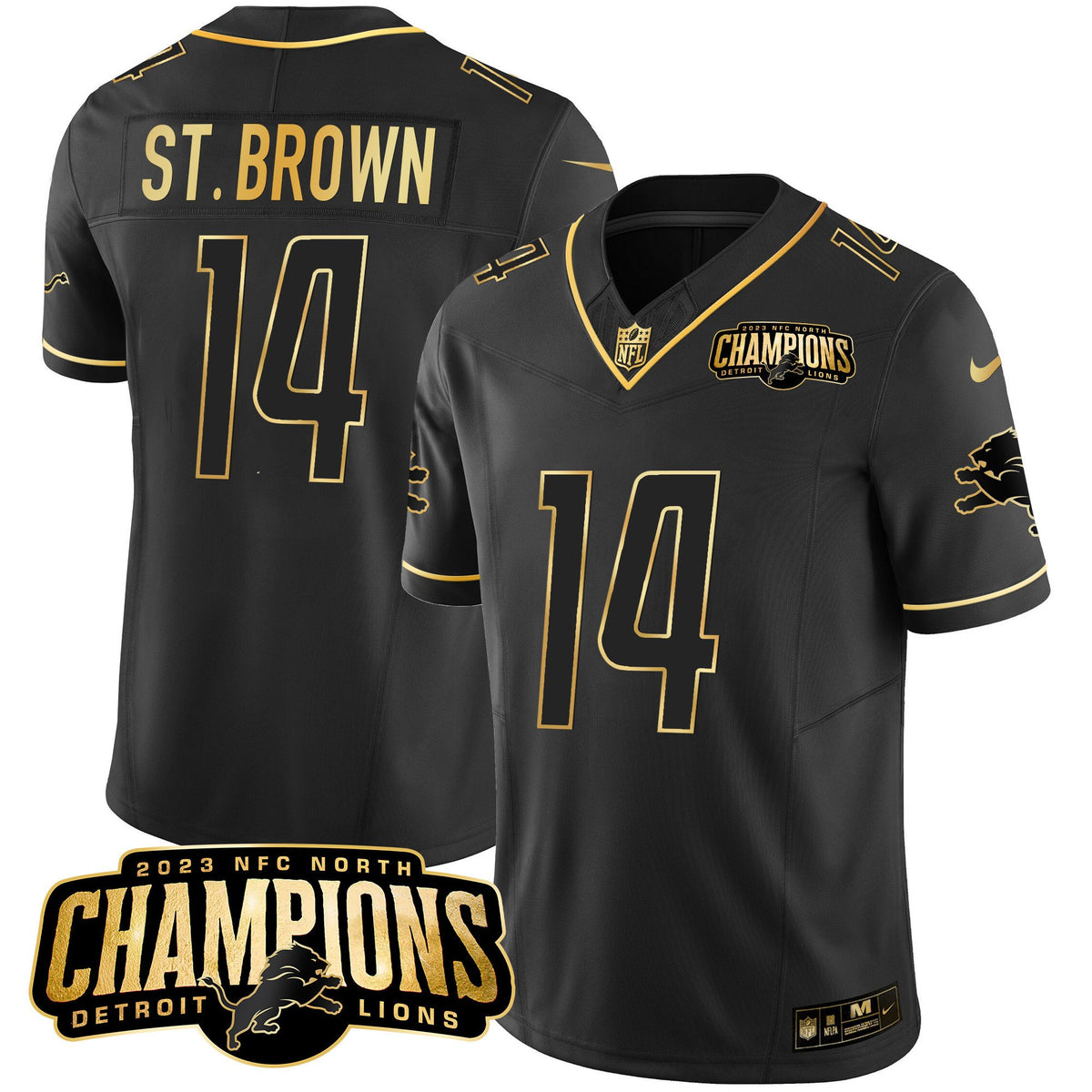 Men's Detroit Lions 2023 NFC North Champions Patch Gold Vapor Jersey - All Stitched - Black Gold - St. Brown — view 1